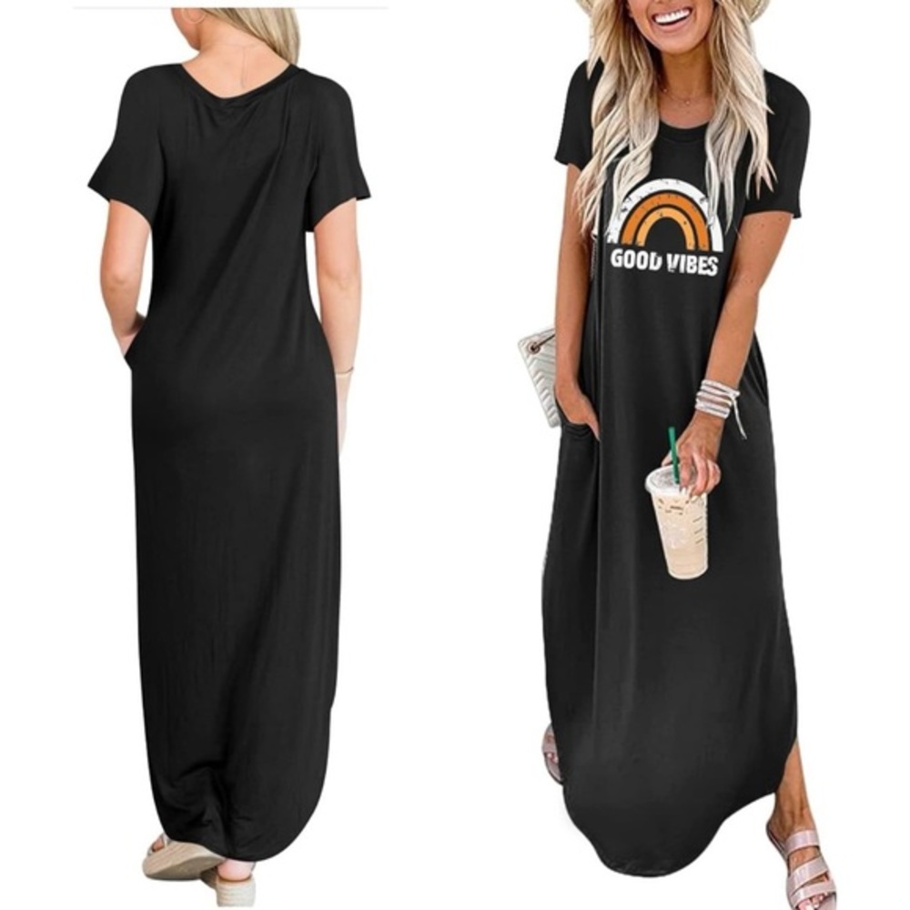Casual Loose Short Sleeve Long Dress Split Maxi Summer‎ Beach Dress with Pockets